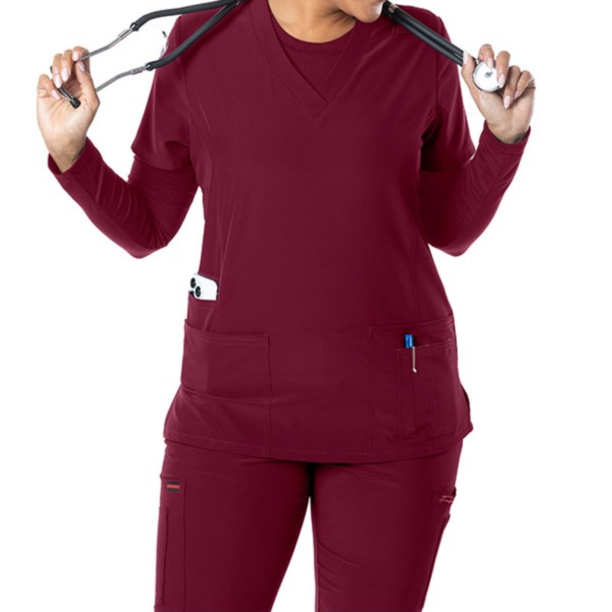 Wine burgundy scrub top on a white background