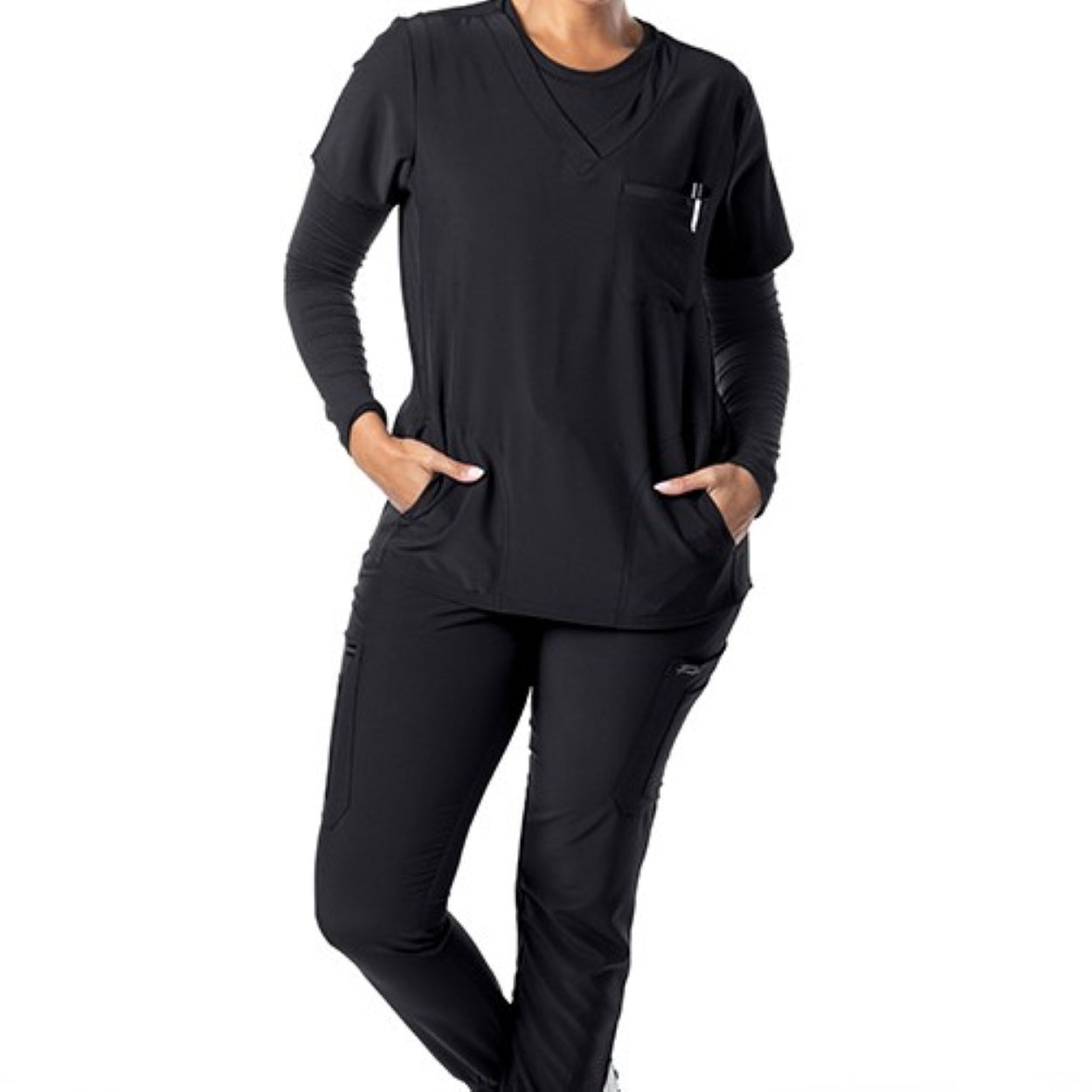 Black scrub top on a white background