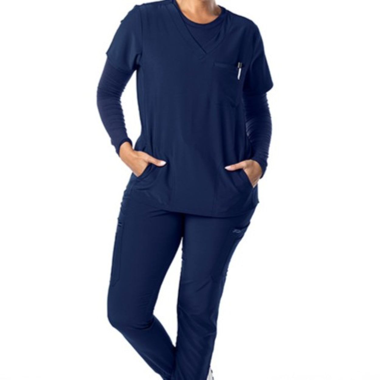 Navy scrub top on a white background