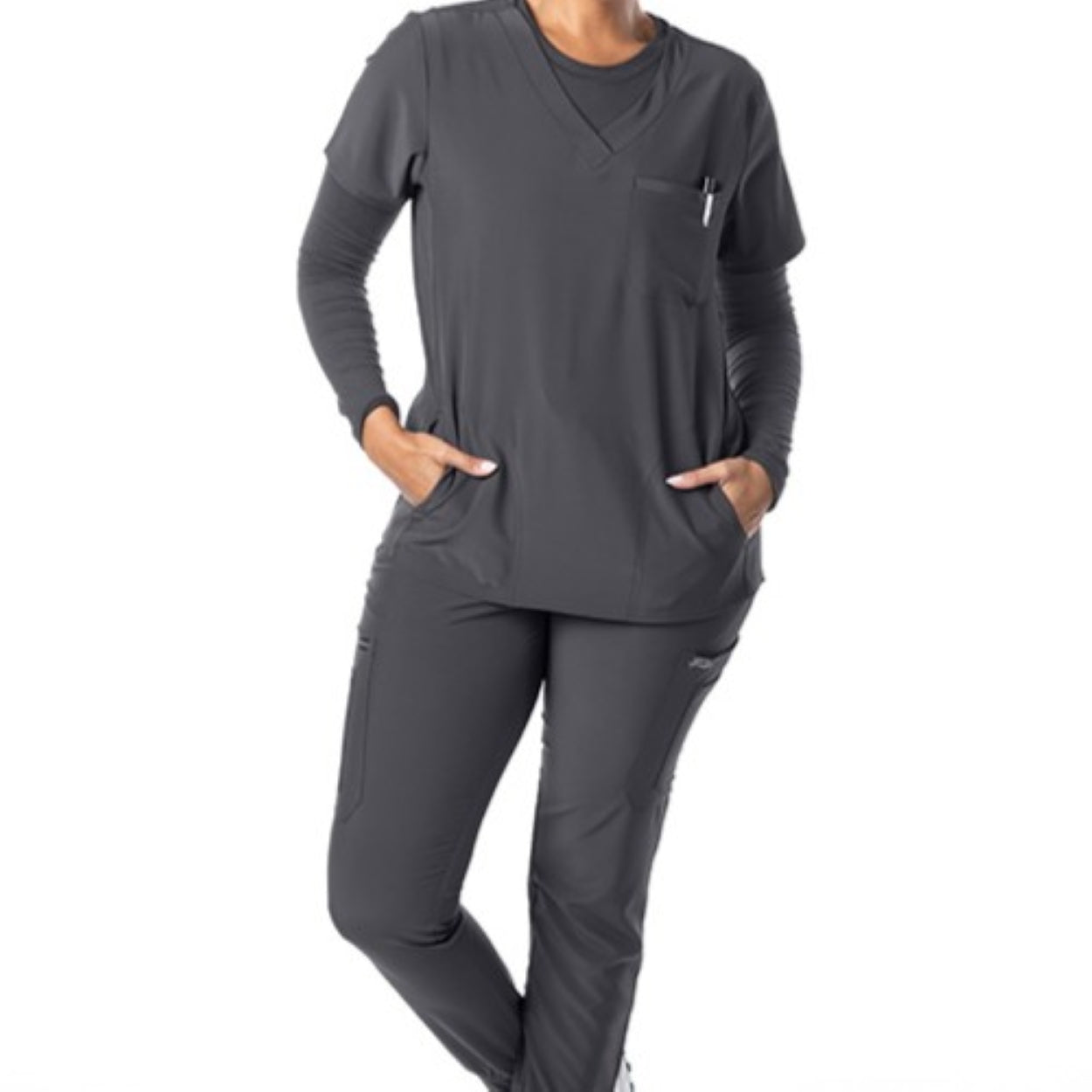 Pewter grey scrub top on a white background