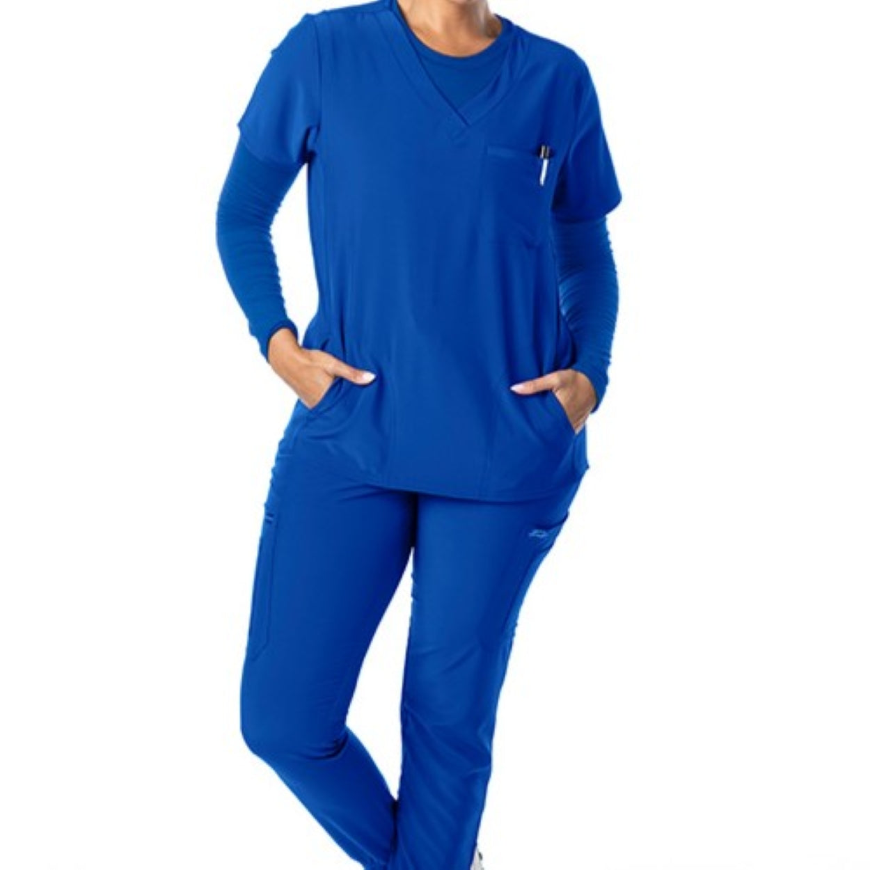 Royal blue scrub top on a white background