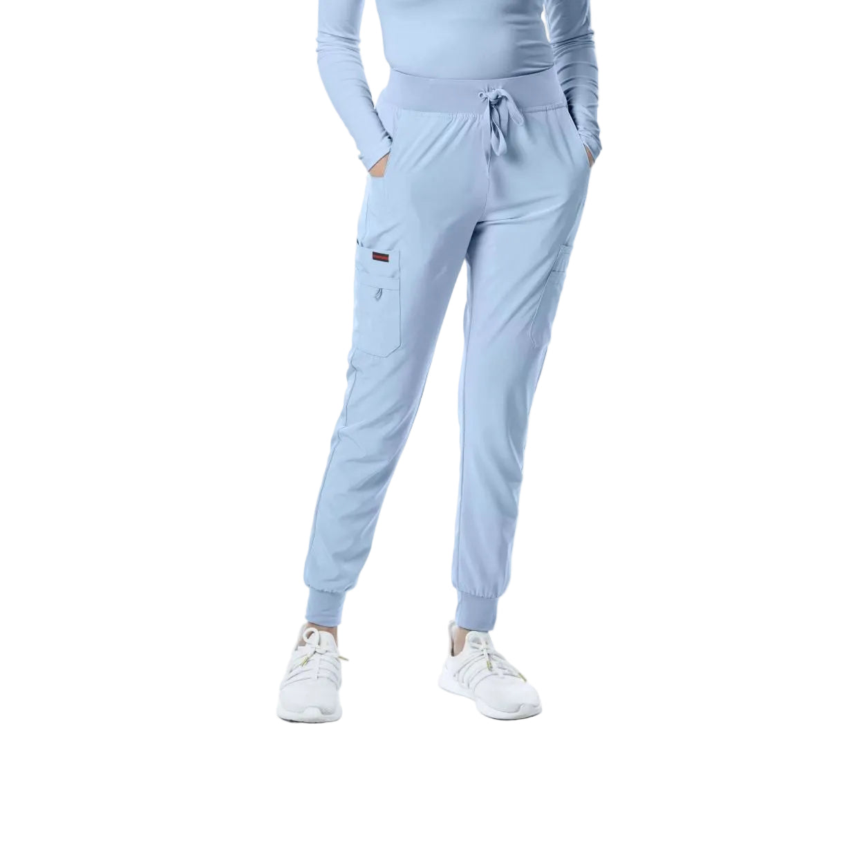 Della Robbia blue scrub pants on a white background
