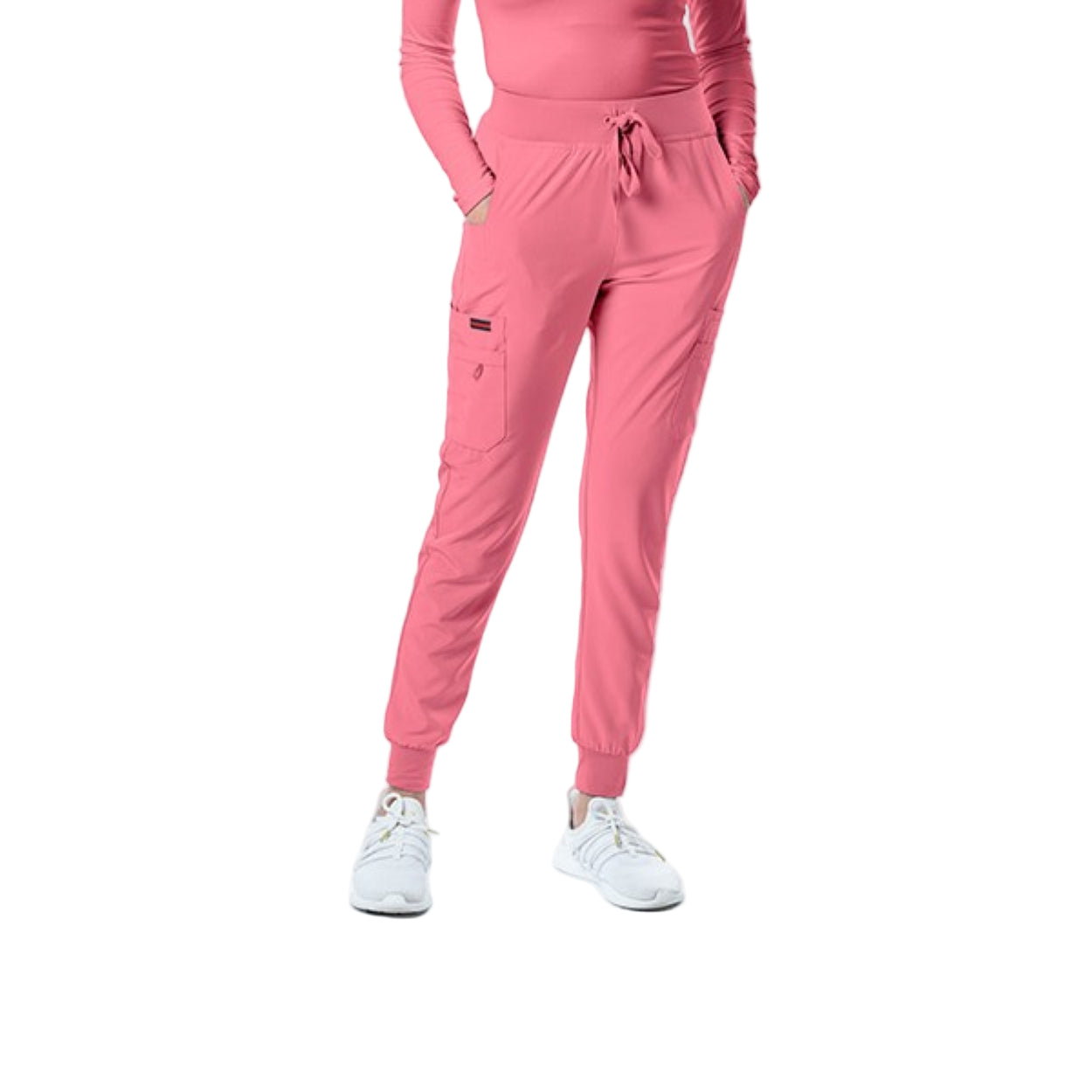 Dusty rose scrub pants on a white background