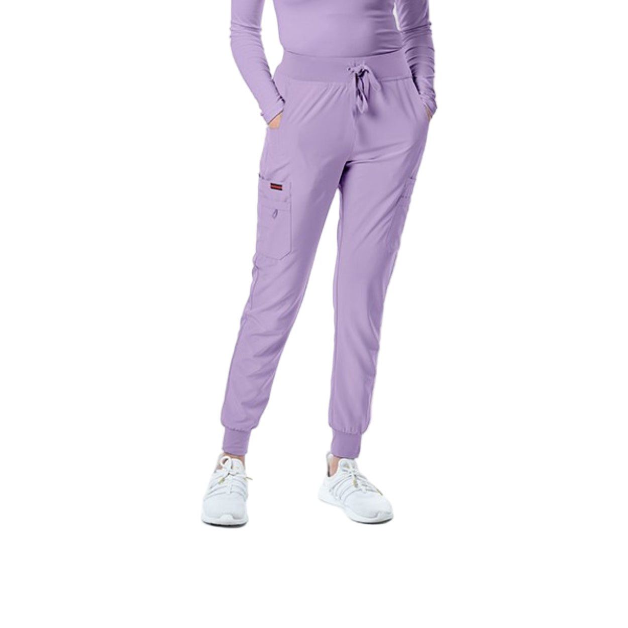 Lavender scrub pants on a white background