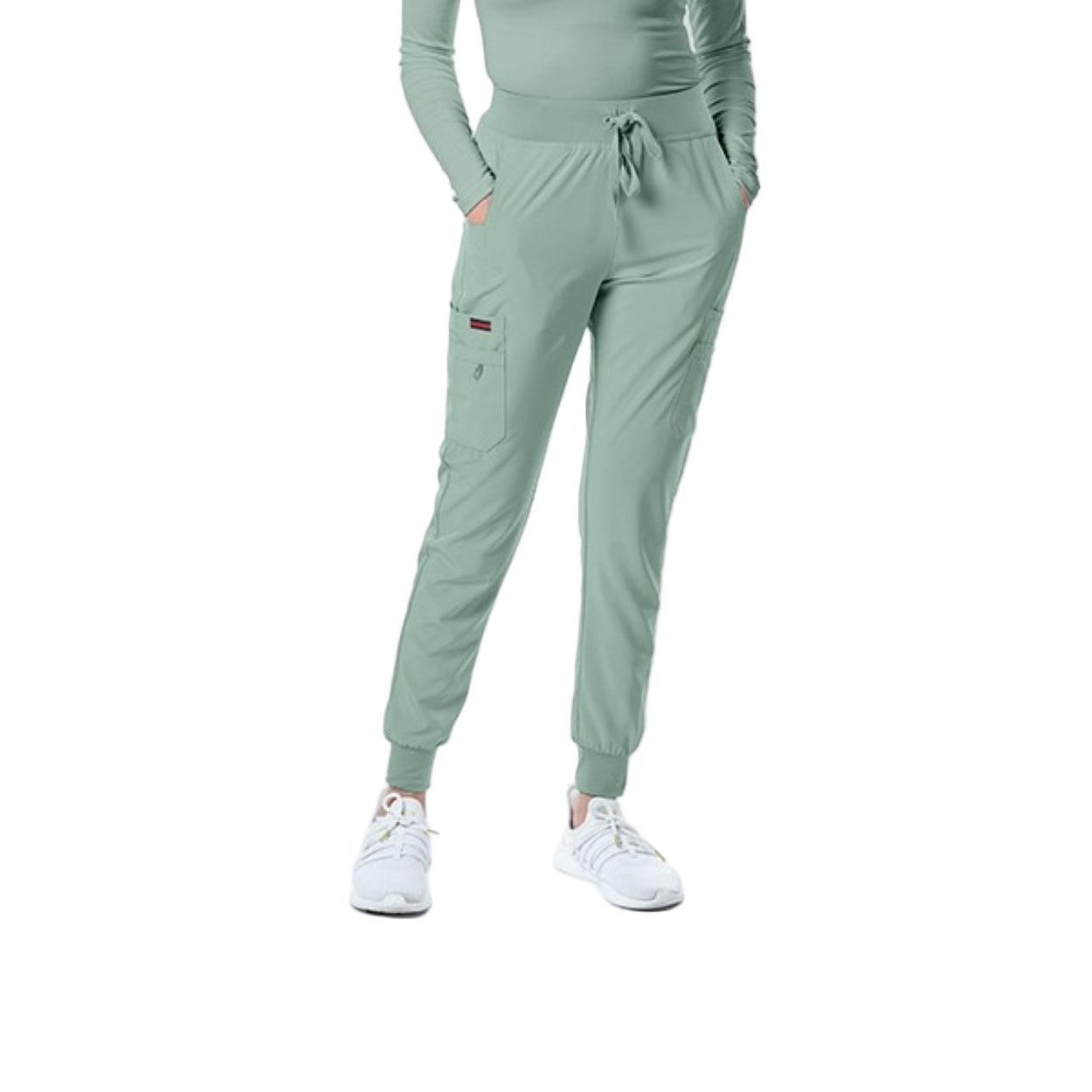 Misty green scrub pants on a white background