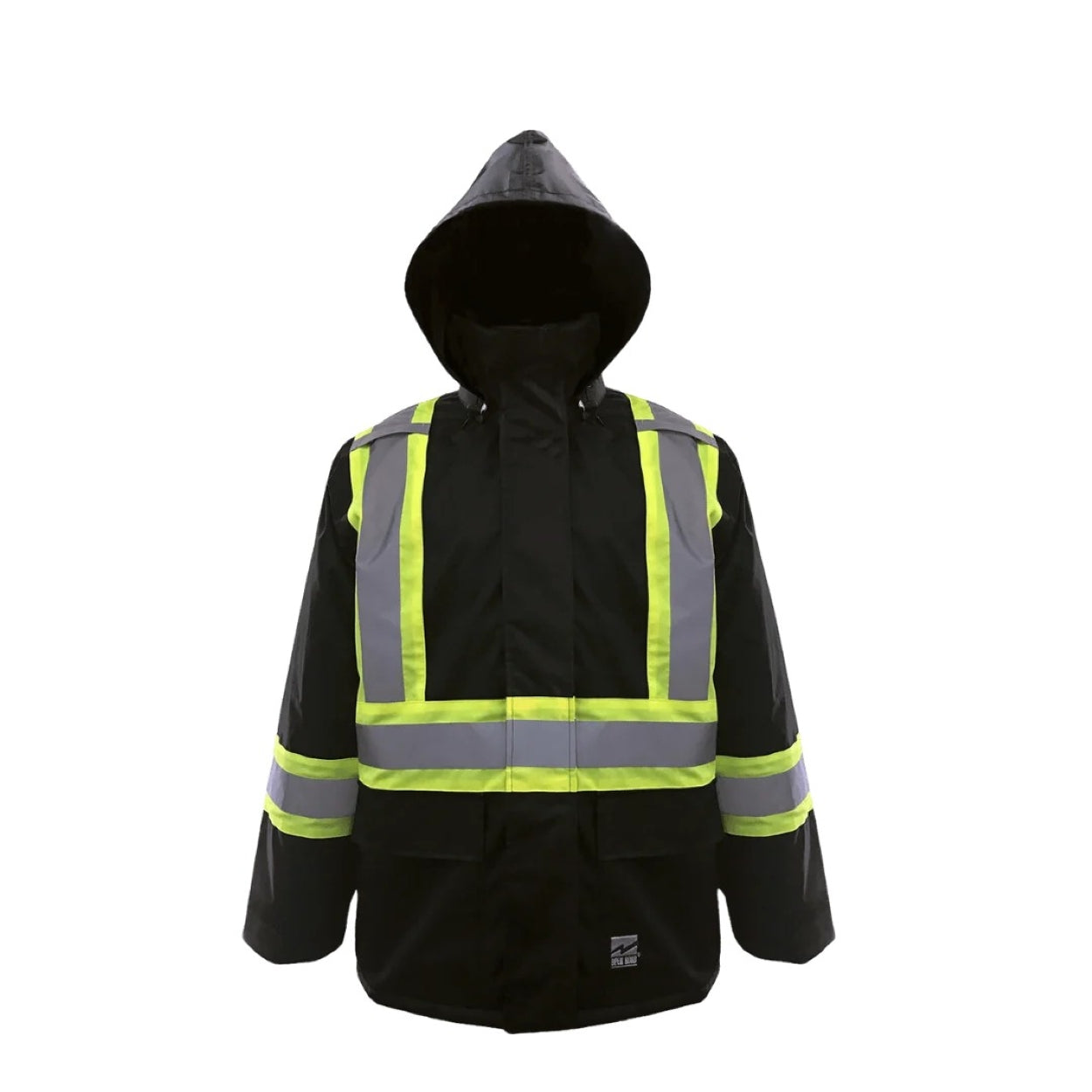 Black hi-vis rain jacket on a white background