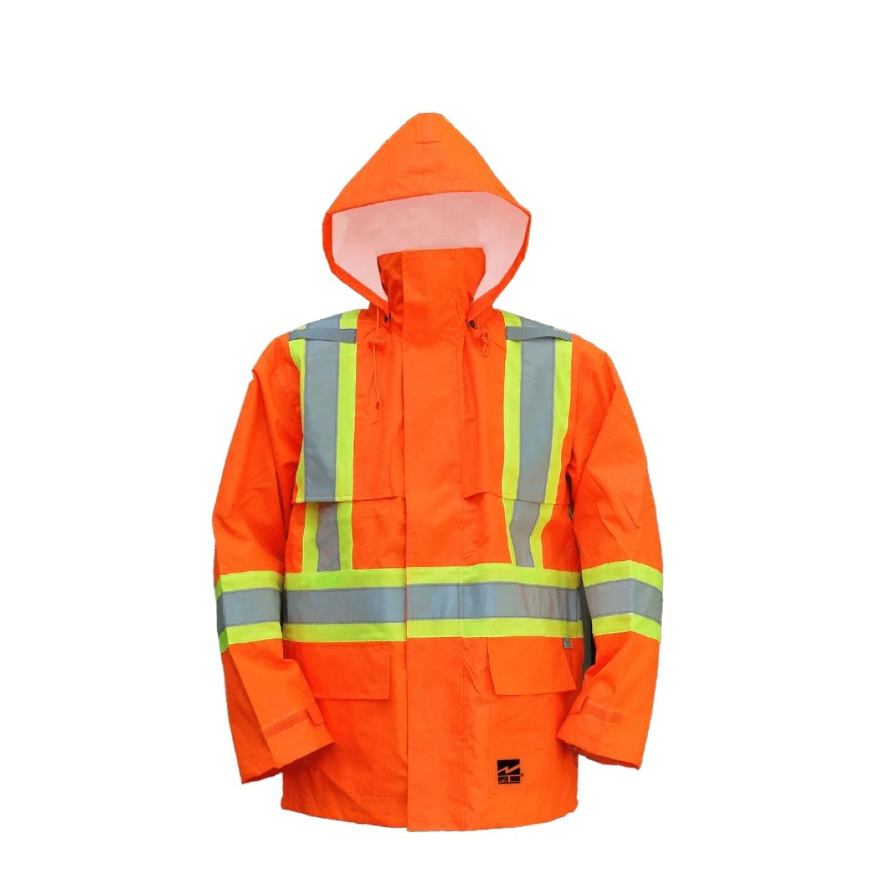 Orange hi-vis rain jacket on a white background