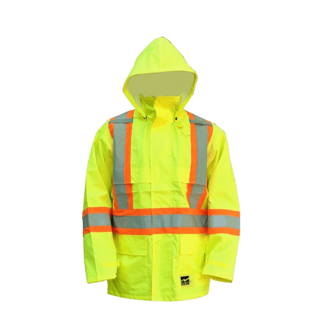 Yellow hi-vis rain jacket on a white background