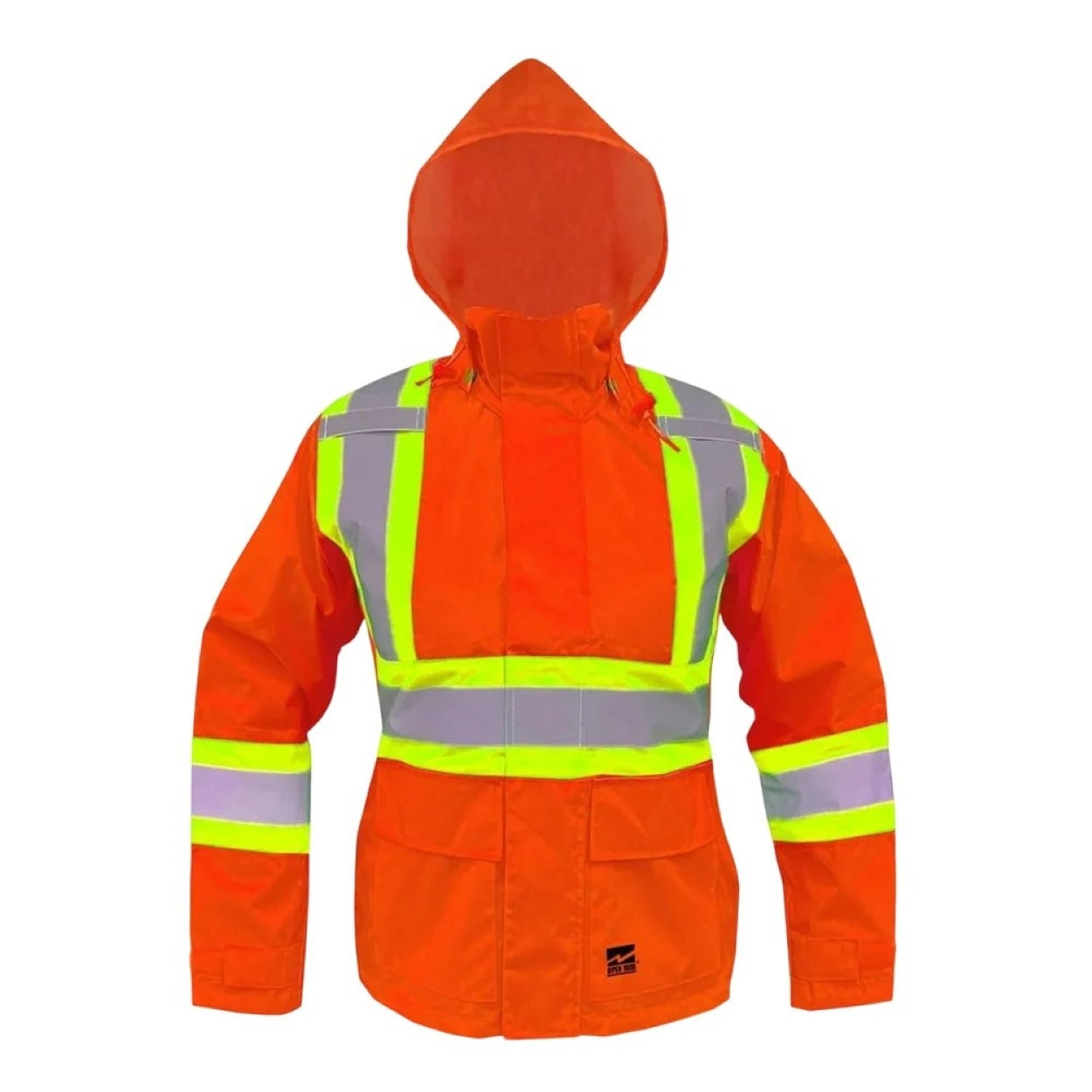 Orange hi-vis rain jacket on a white background