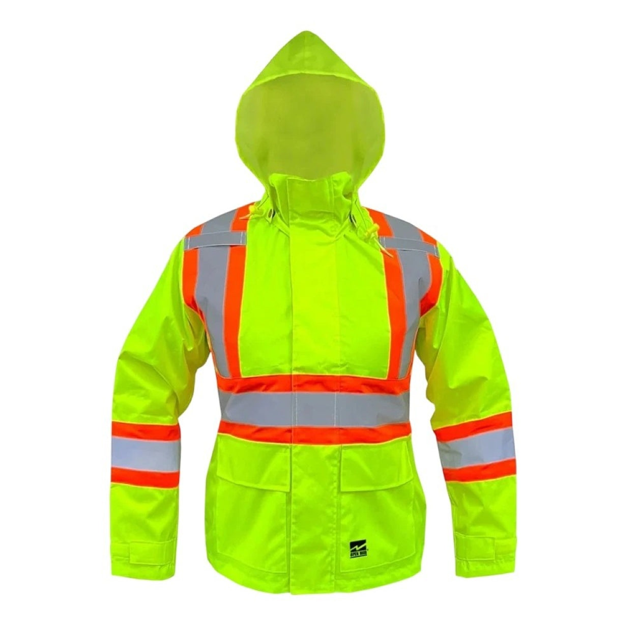 Yellow hi-vis rain jacket on a white background