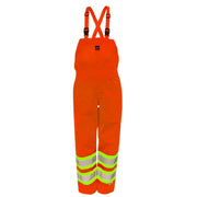 Orange hi-vis rain pants on a white background