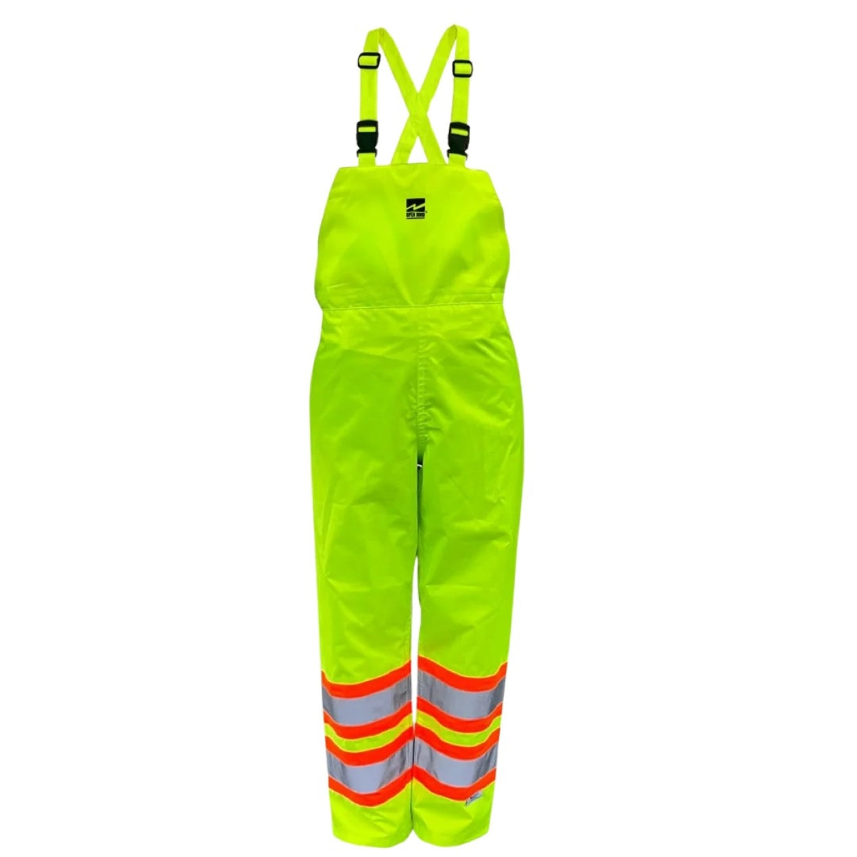 Yellow hi-vis rain pants on a white background