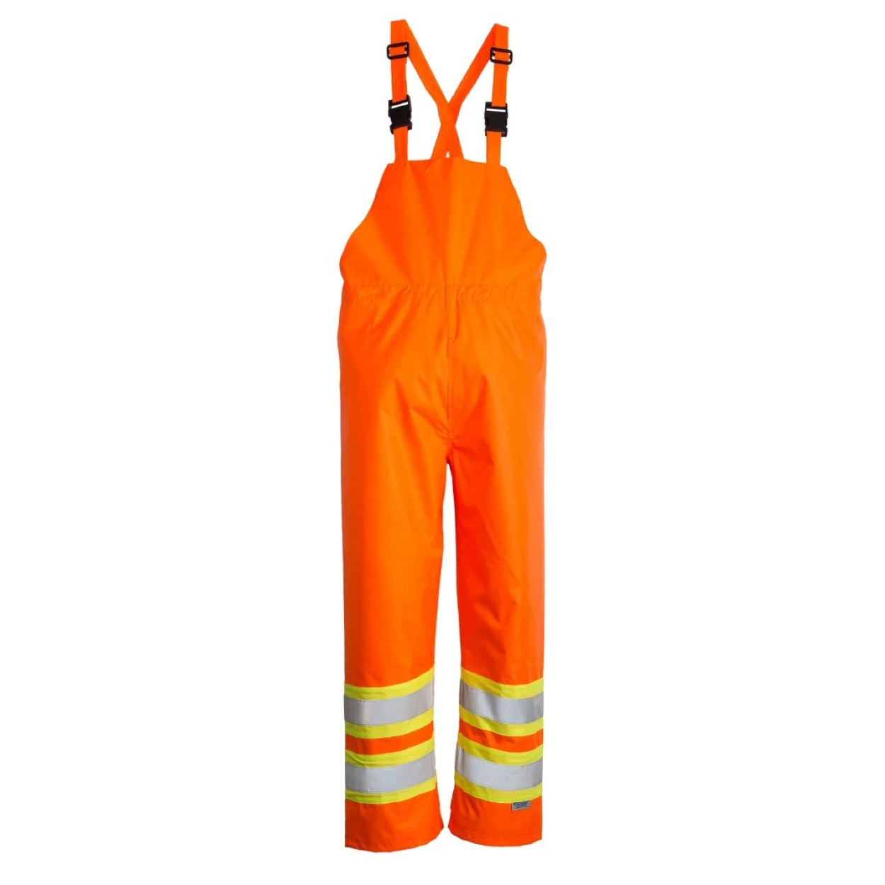 Orange hi-vis rain pants on a white background