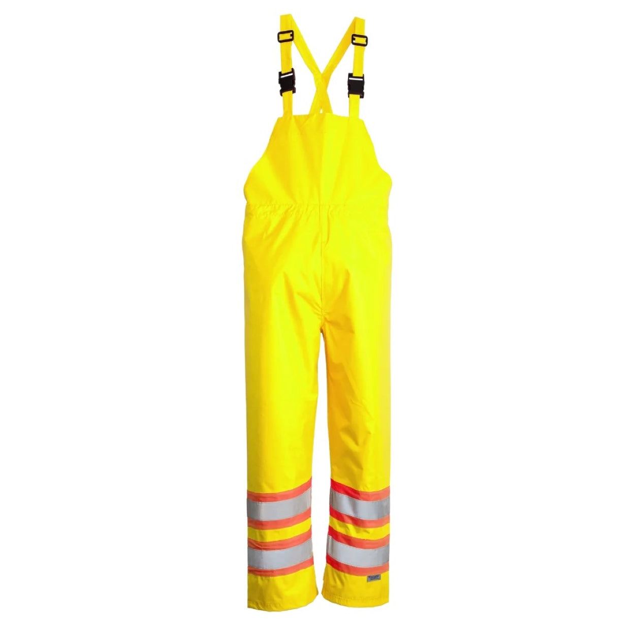Yellow hi-vis rain pants on a white background