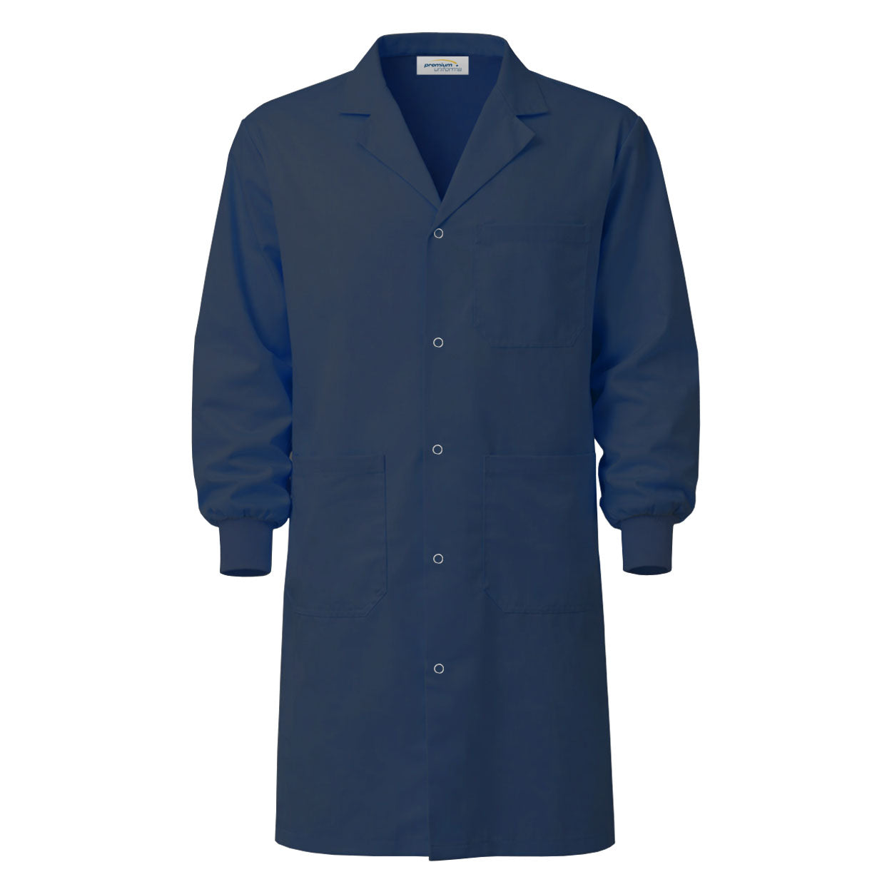 Navy lab coat with cuffs on white background