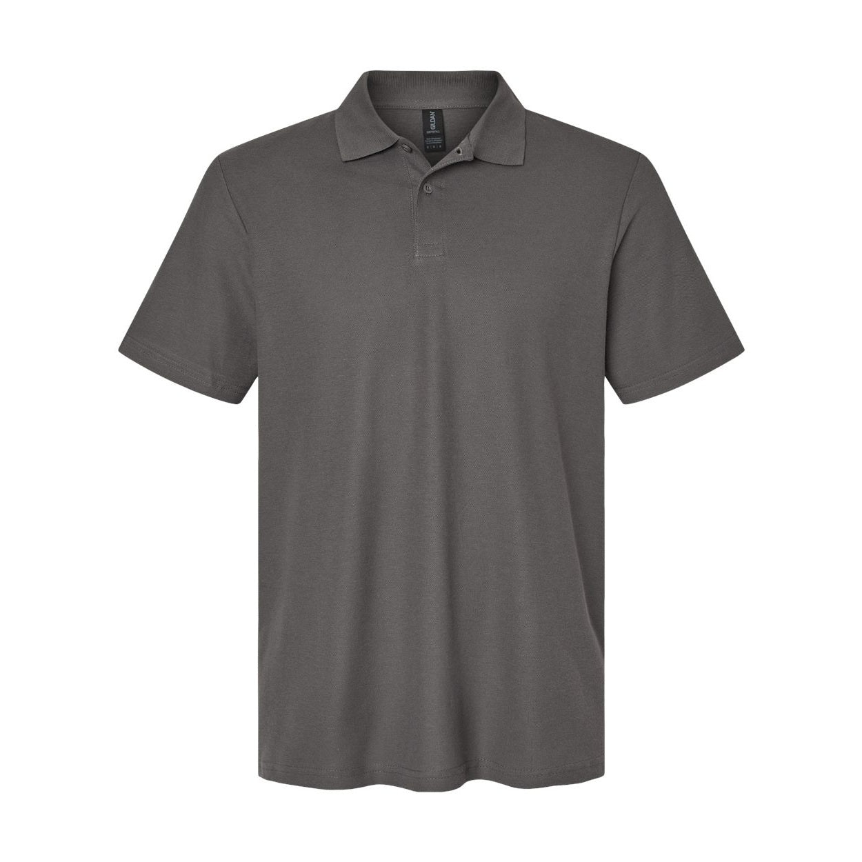 Charcoal grey polo shirt on a white background