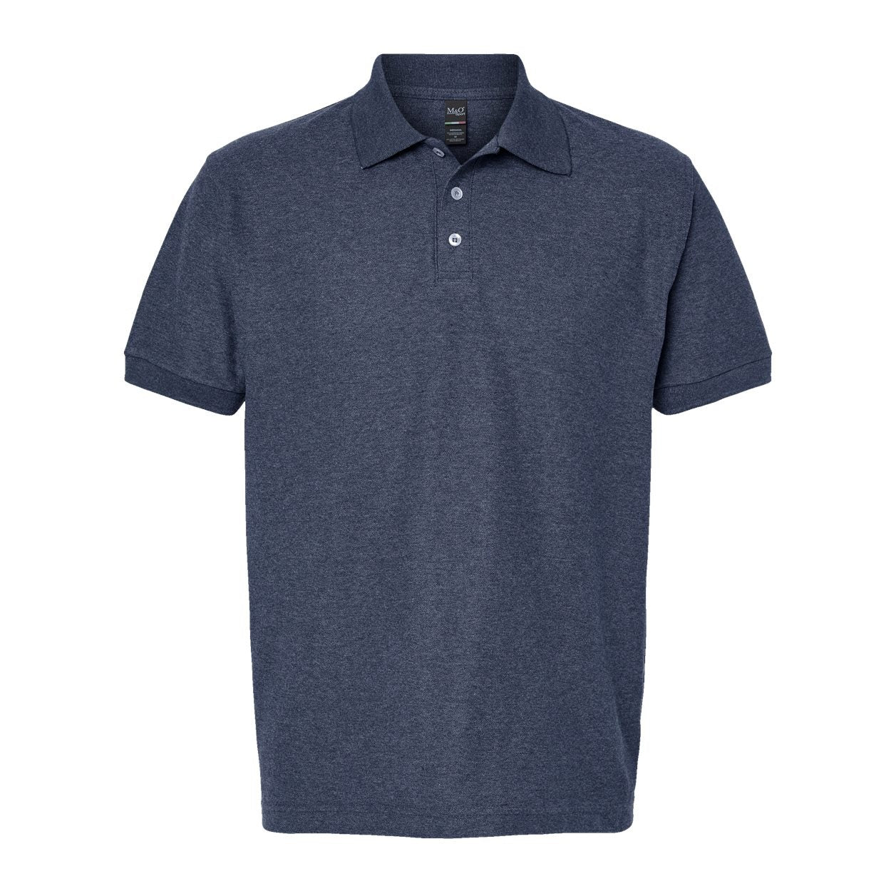 Heather navy polo shirt on a white background