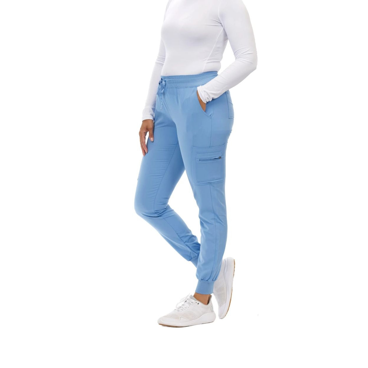 Della Robbia blue scrub pants on a white background