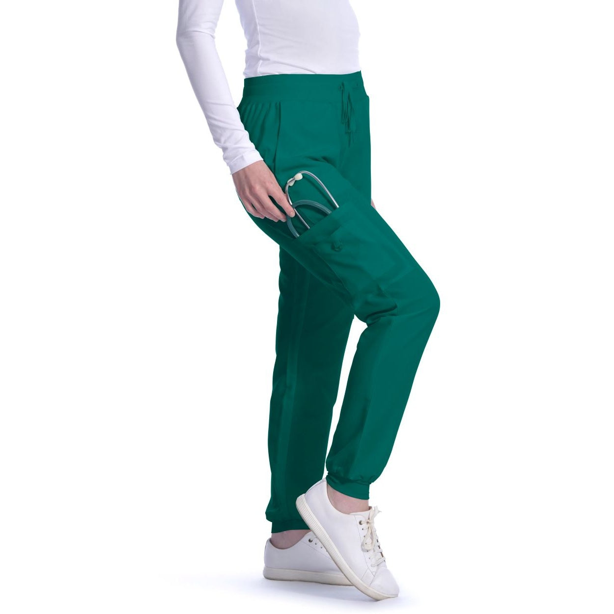 Hunter green scrub pants on a white background