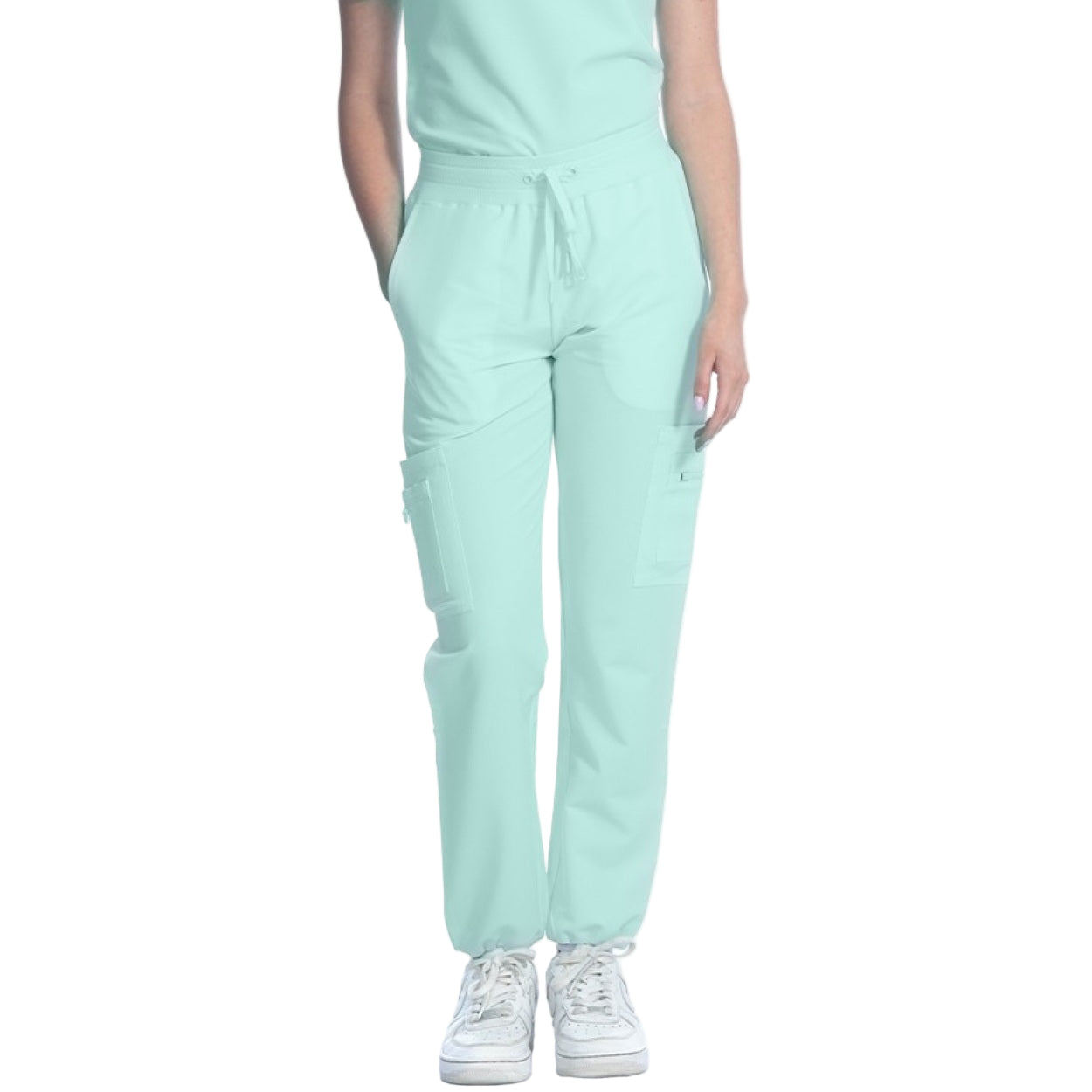 Moonlight jade green scrub pants on a white background