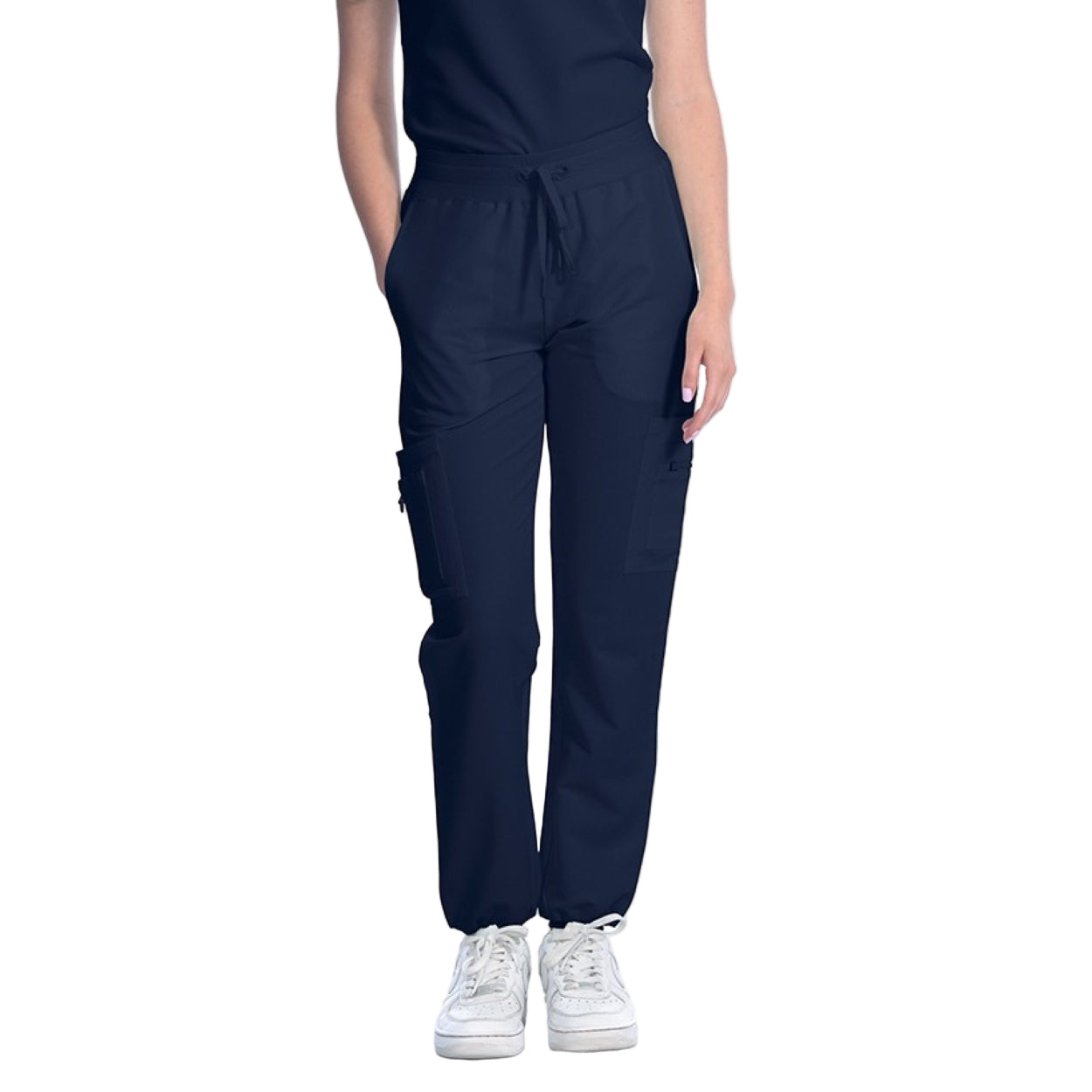 Navy scrub pants on a white background