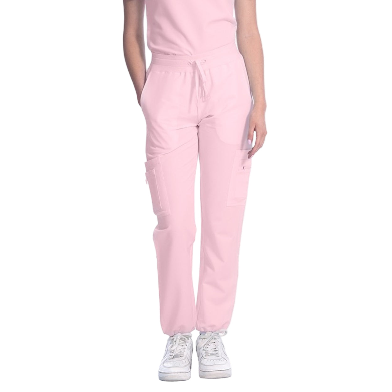 Powder pink scrub pants on a white background