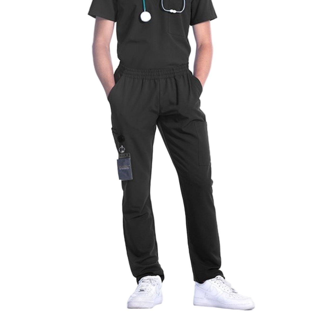 Black scrub pants on a white background