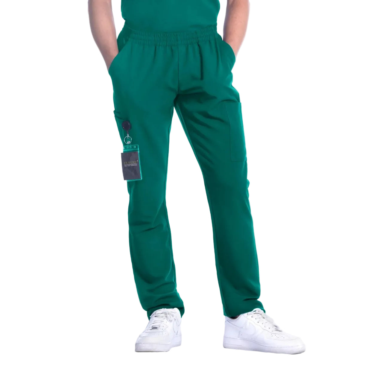 Hunter green scrub pants on a white background