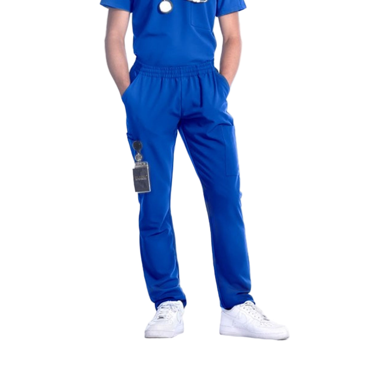 Royal blue scrub pants on a white background