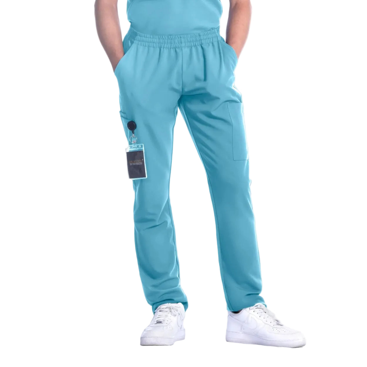 Sky scrub pants on a white background