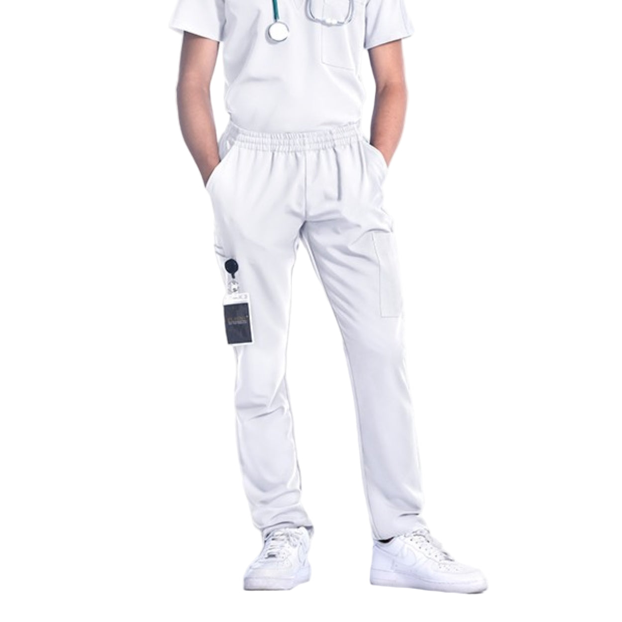 White scrub pants on a white background