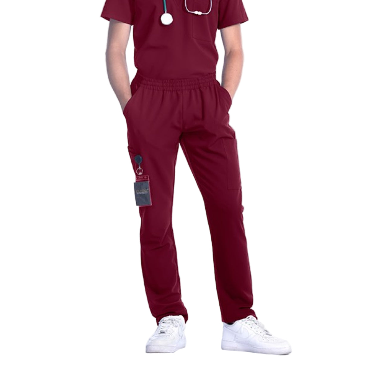 Wine burgundy scrub pants on a white background