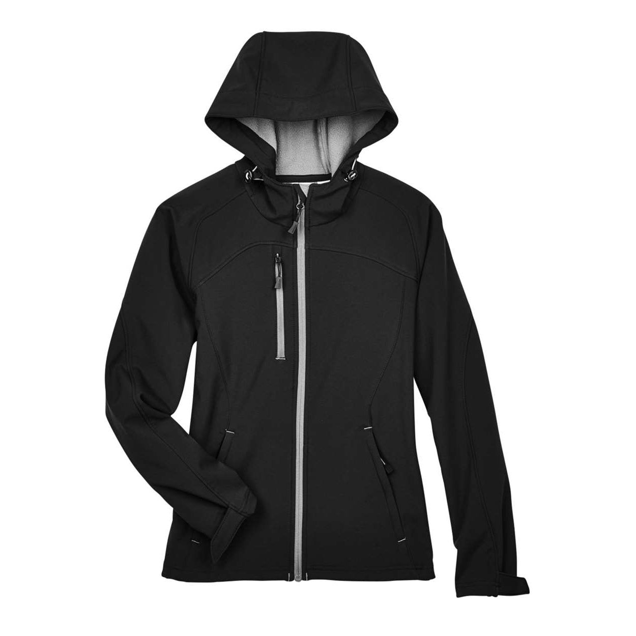 Black softshell jacket on a white background
