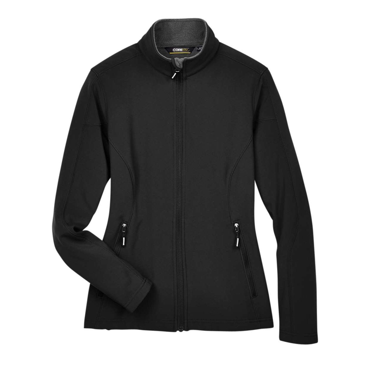 Black softshell jacket on a white background