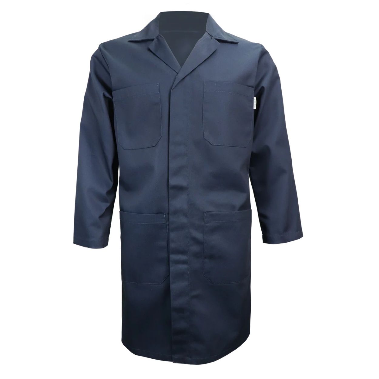 Navy shop coat on a white background