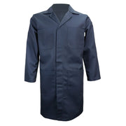 Navy shop coat on a white background