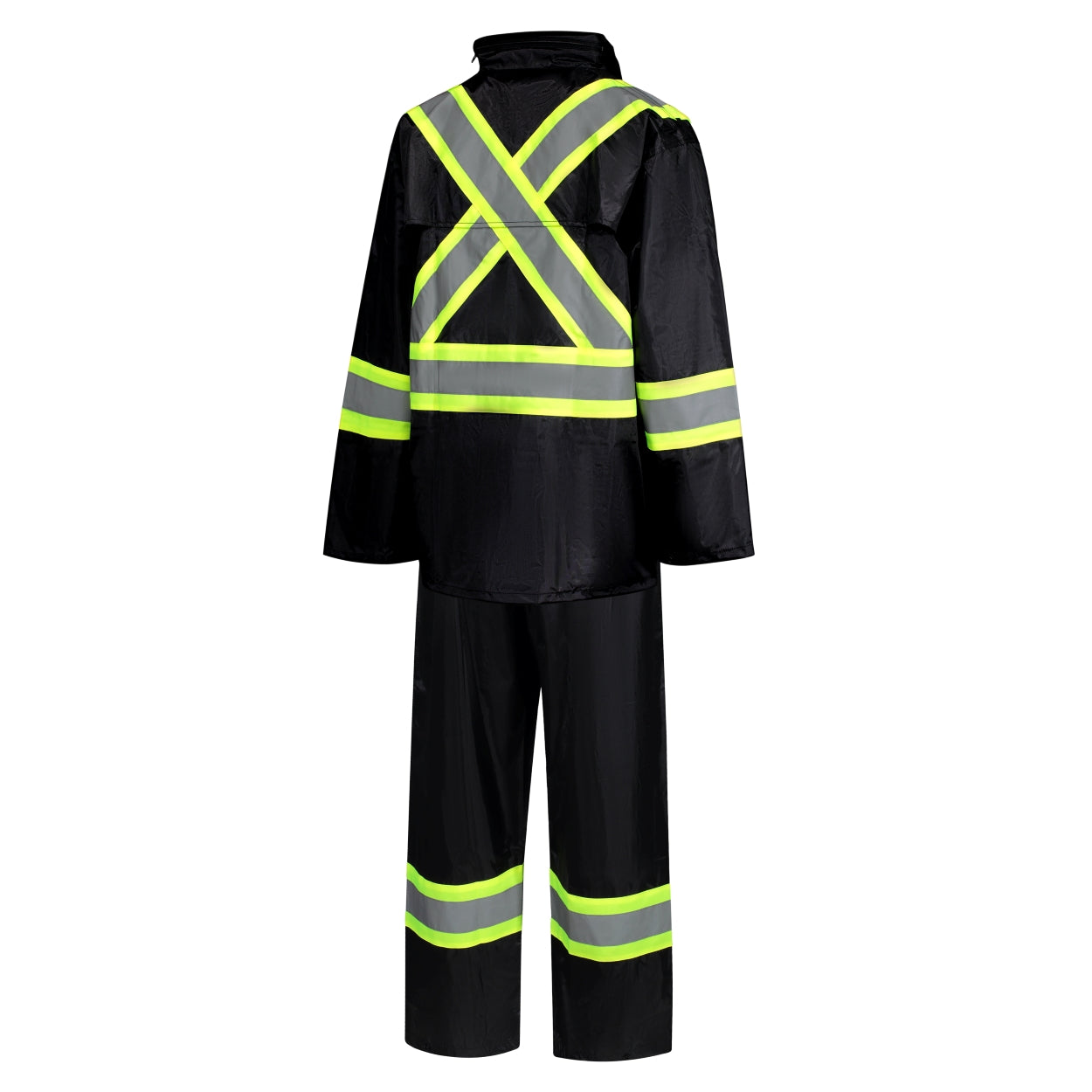 Black hi-vis rain suit on a white background