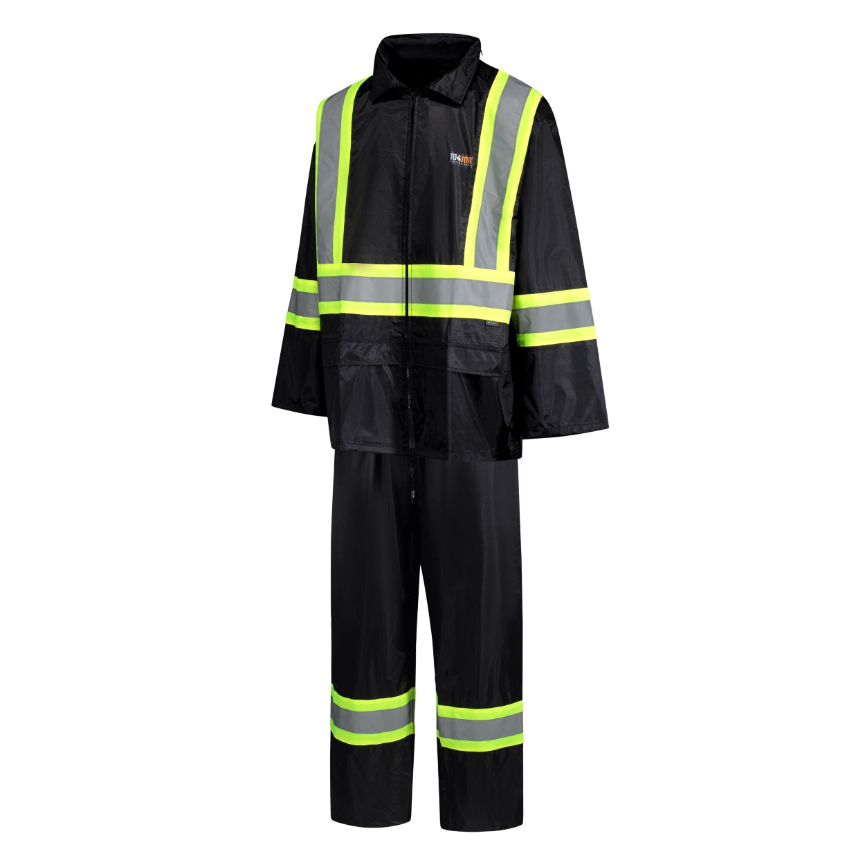 Black hi-vis rain suit on a white background