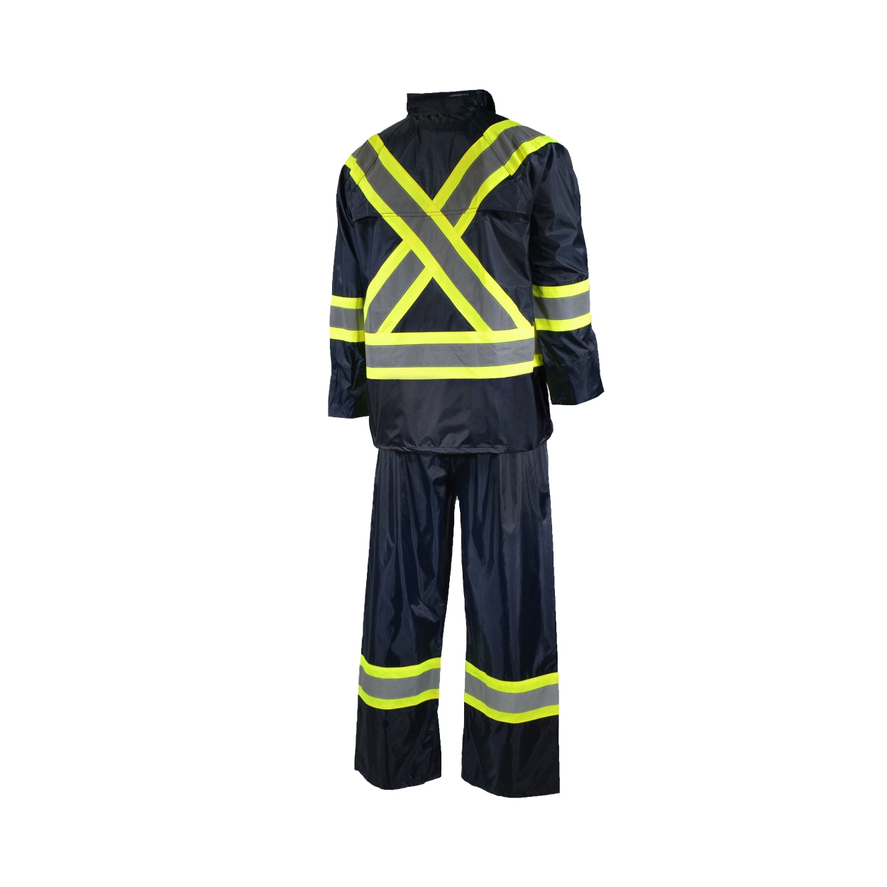 Navy hi-vis rain suit on a white background