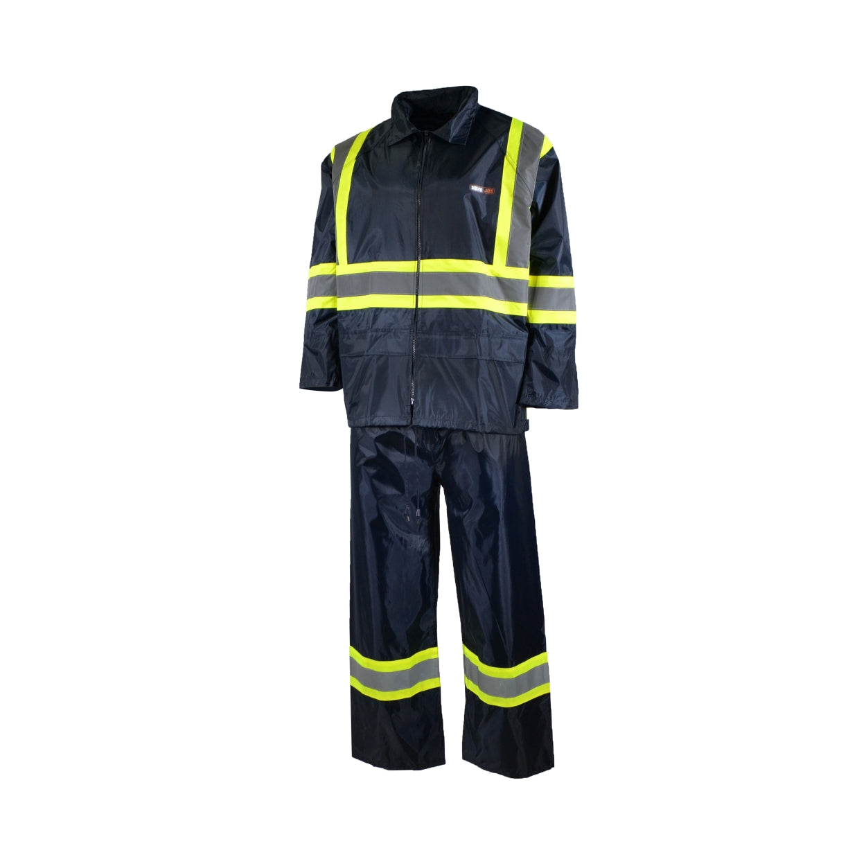 Navy hi-vis rain suit on a white background