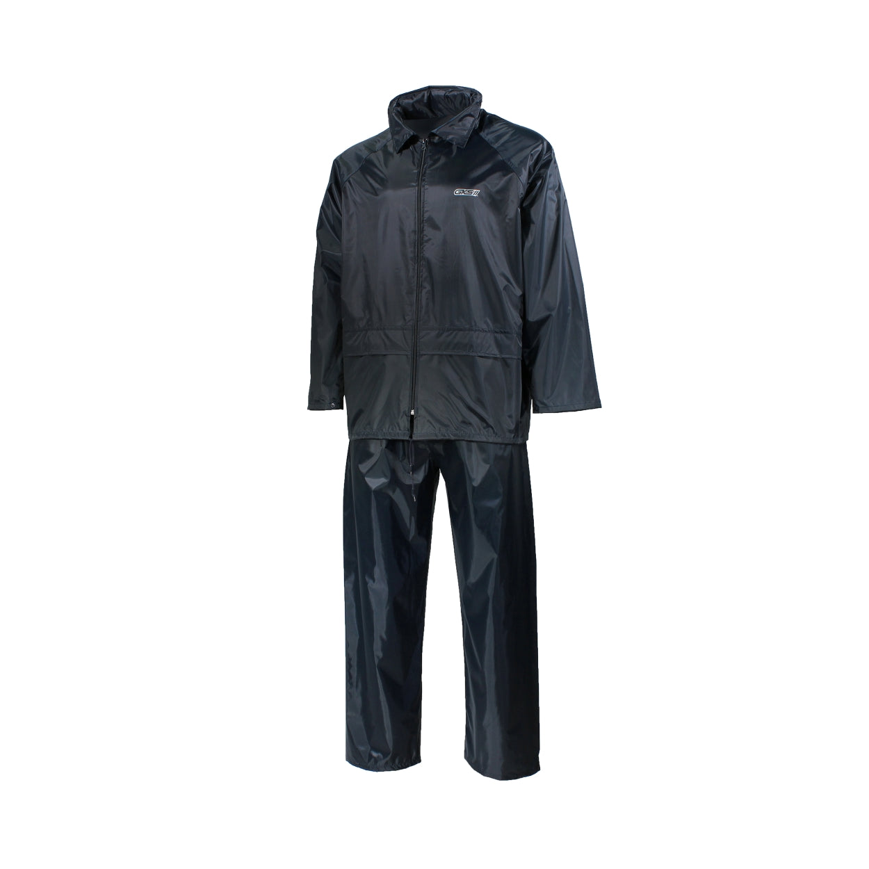 Navy rain suit on a white background