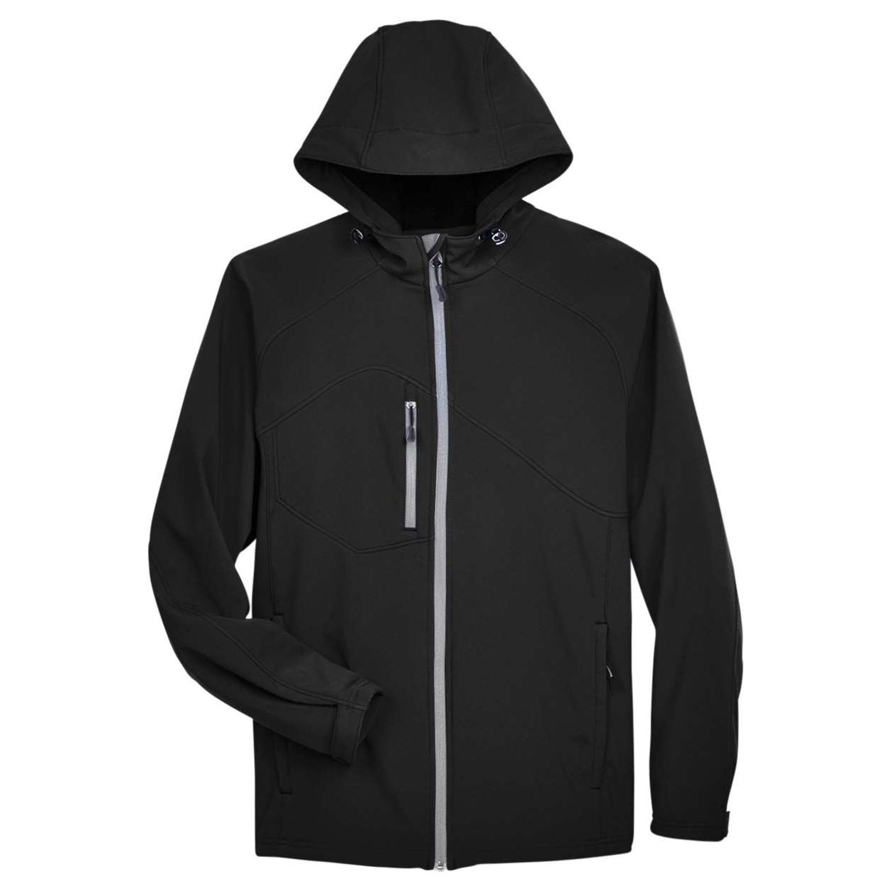 Black softshell jacket on a white background