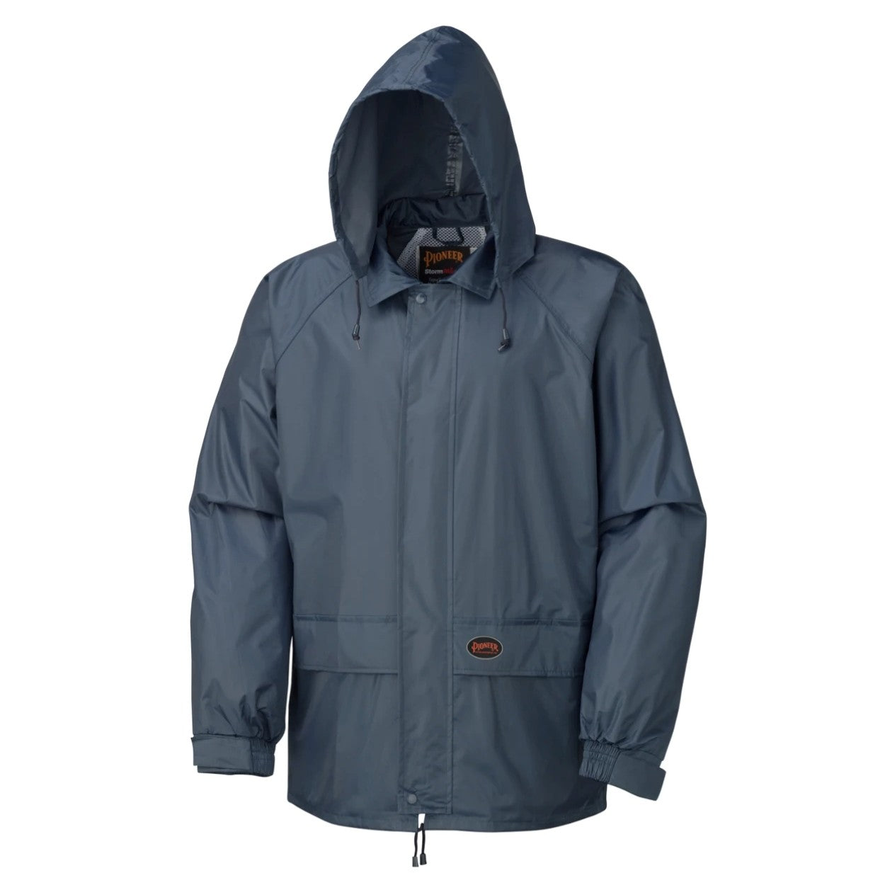 Navy rain jacket on a white background