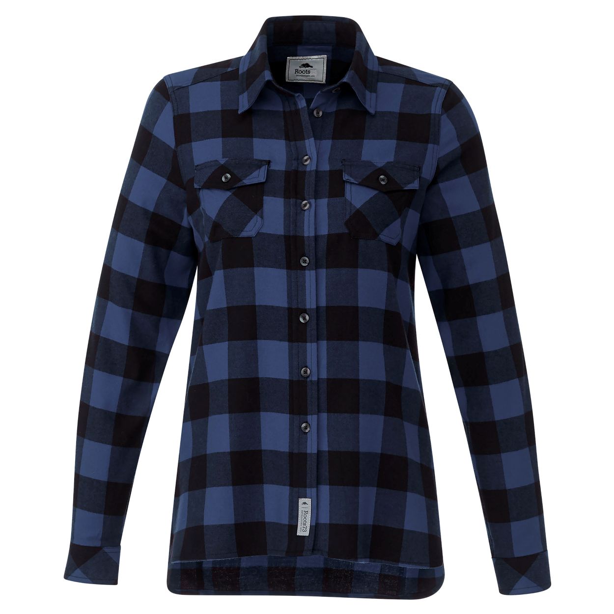 Indigo blue and black checkered shirt on a white background