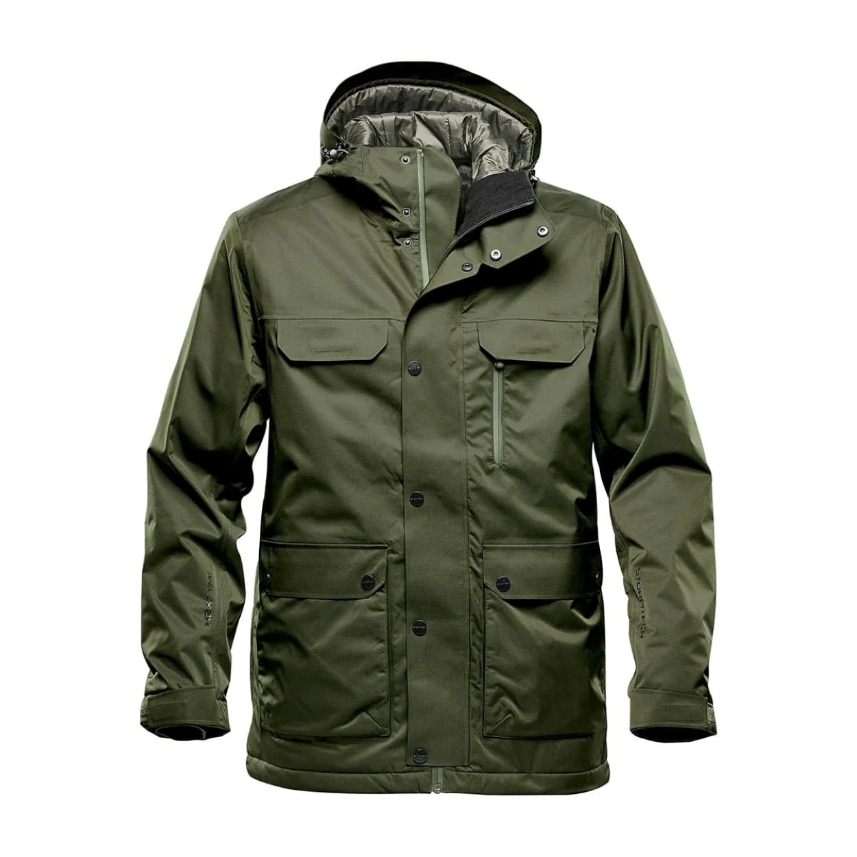 Moss parka with hood on a white background