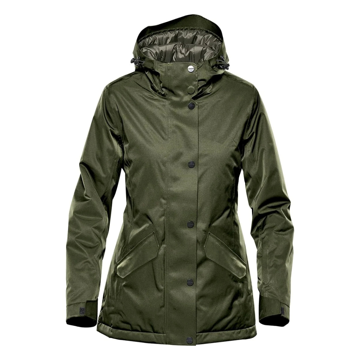 Moss parka with hood on a white background