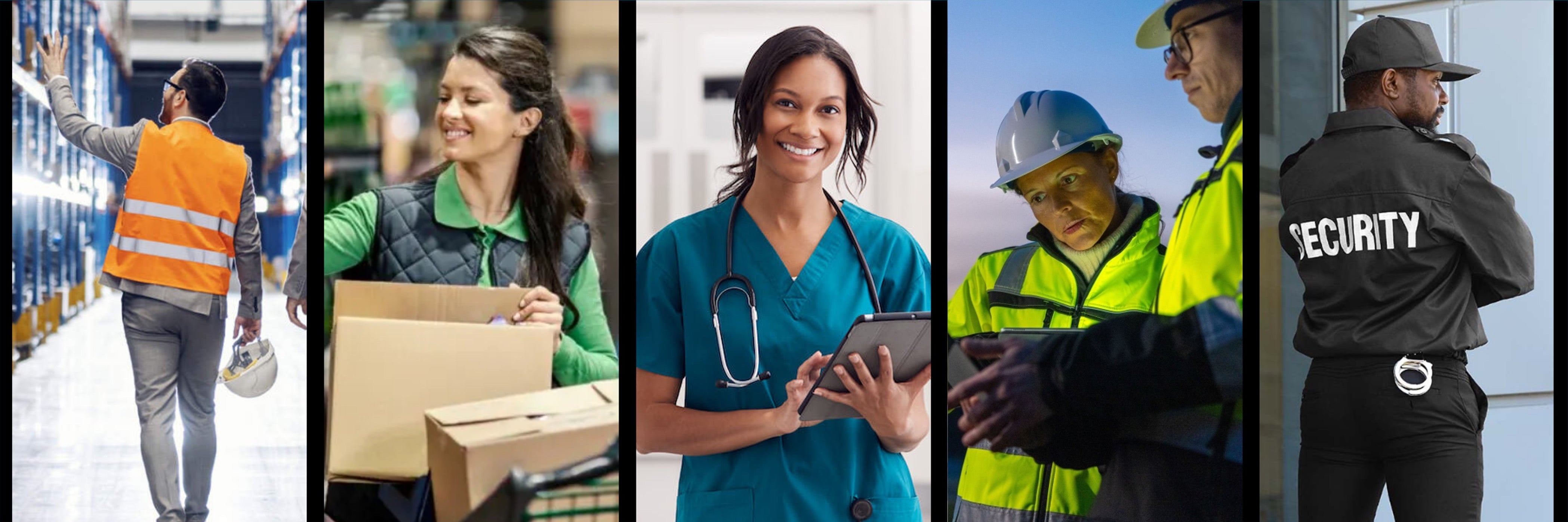 Collage of five images showing people in various professions.