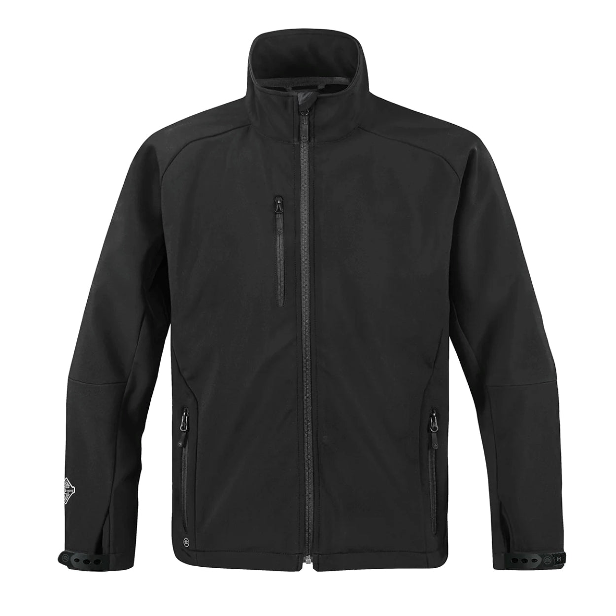 Black softshell jacket on a white background