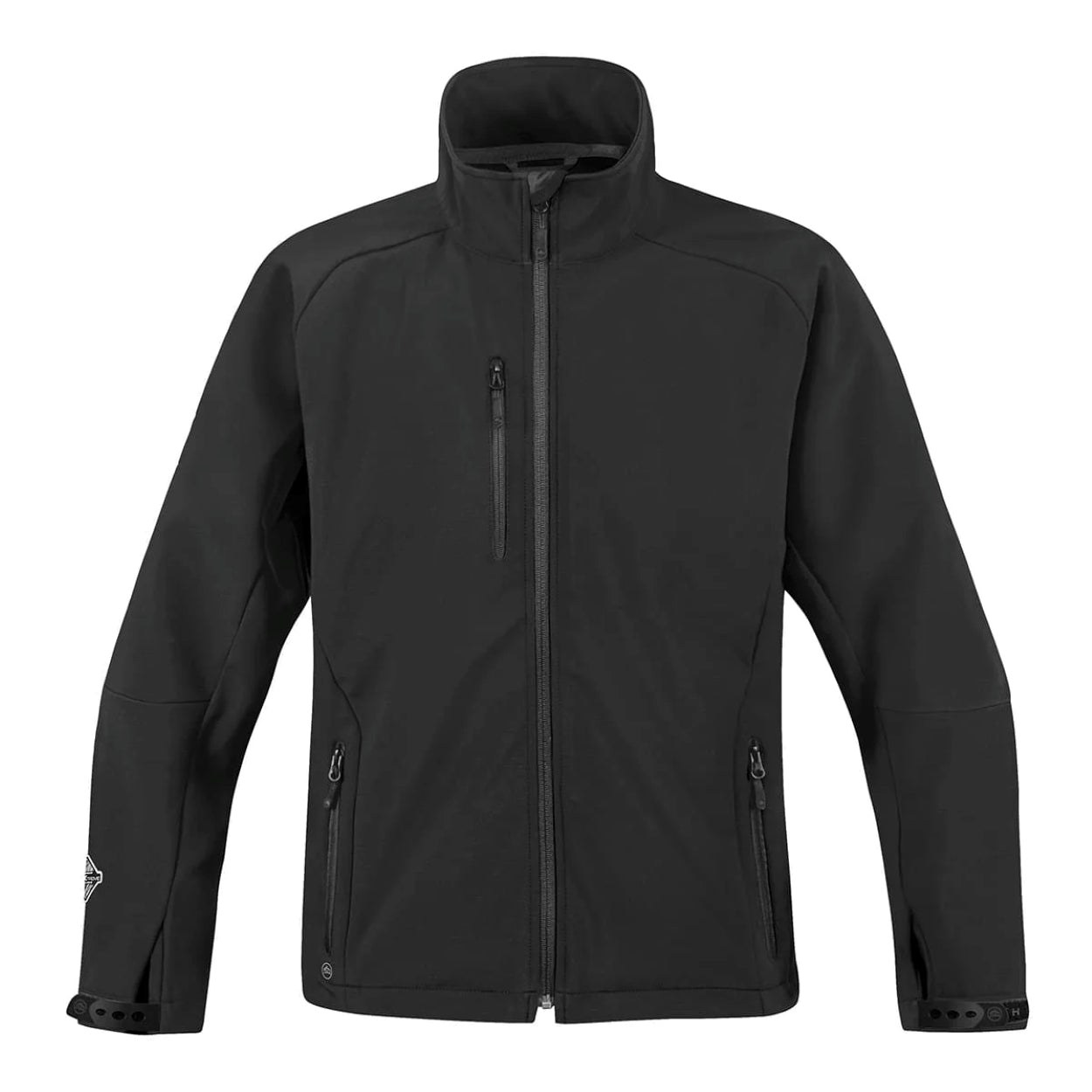 Black softshell jacket on a white background