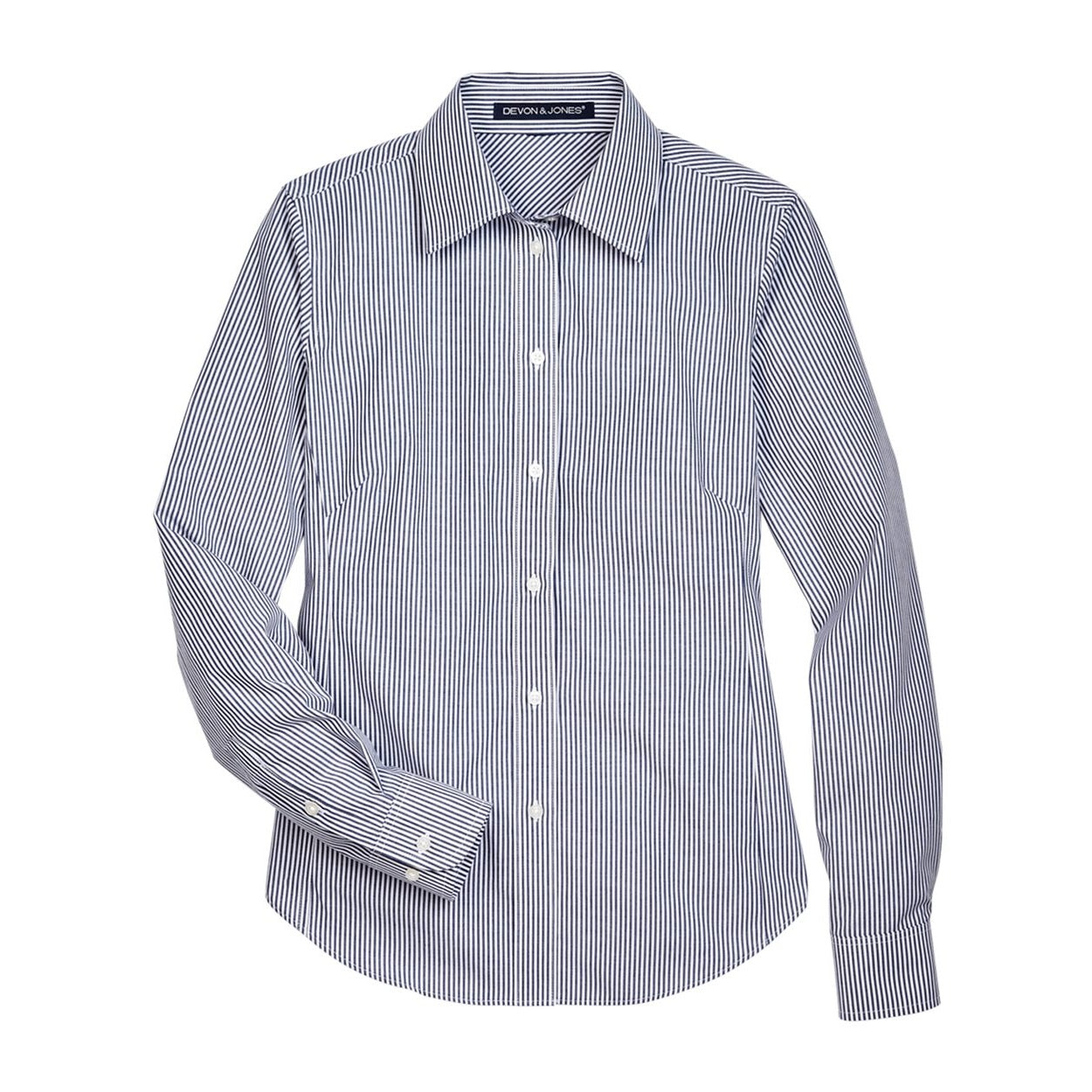 Navy blue striped shirt on a white background